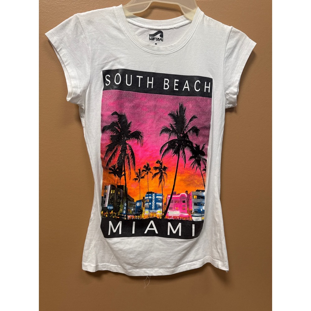 Surf Style South Beach Miami Graphic Tee White Sunset Palm Trees Size M